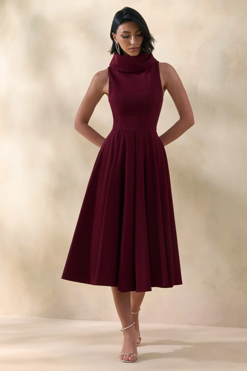 Exclusivity | Vestido Midi Burdeos de Cuello Alto - Imagen 2