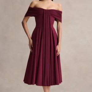 Dearest | Vestido Midi Burdeos con Escote Bardot