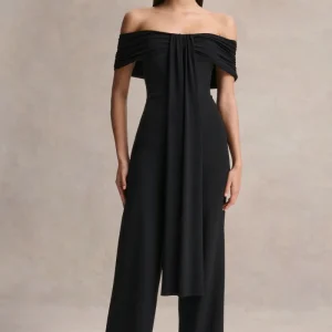Kalida | Mono negro de cuello Bardot con Detalle de banda colgante