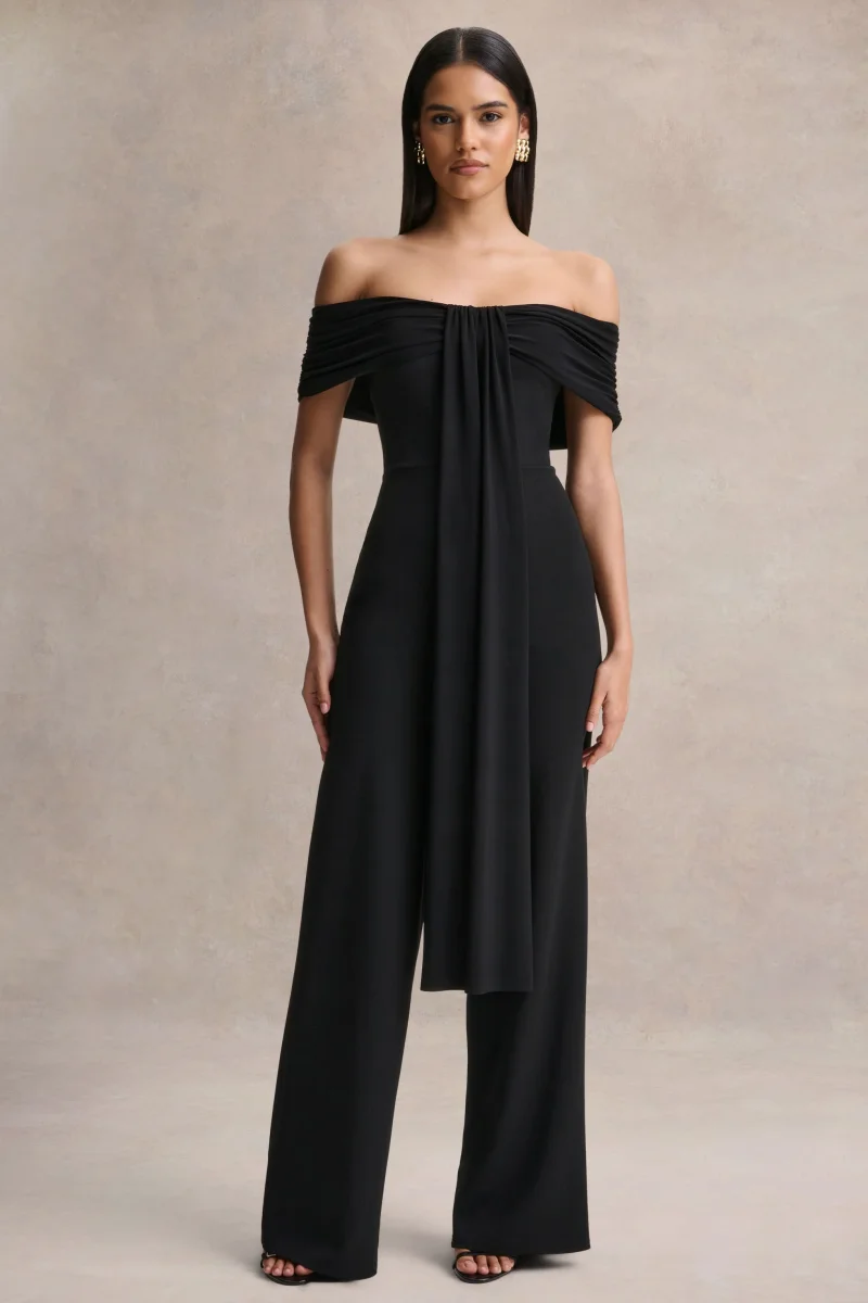 Kalida | Mono negro de cuello Bardot con Detalle de banda colgante