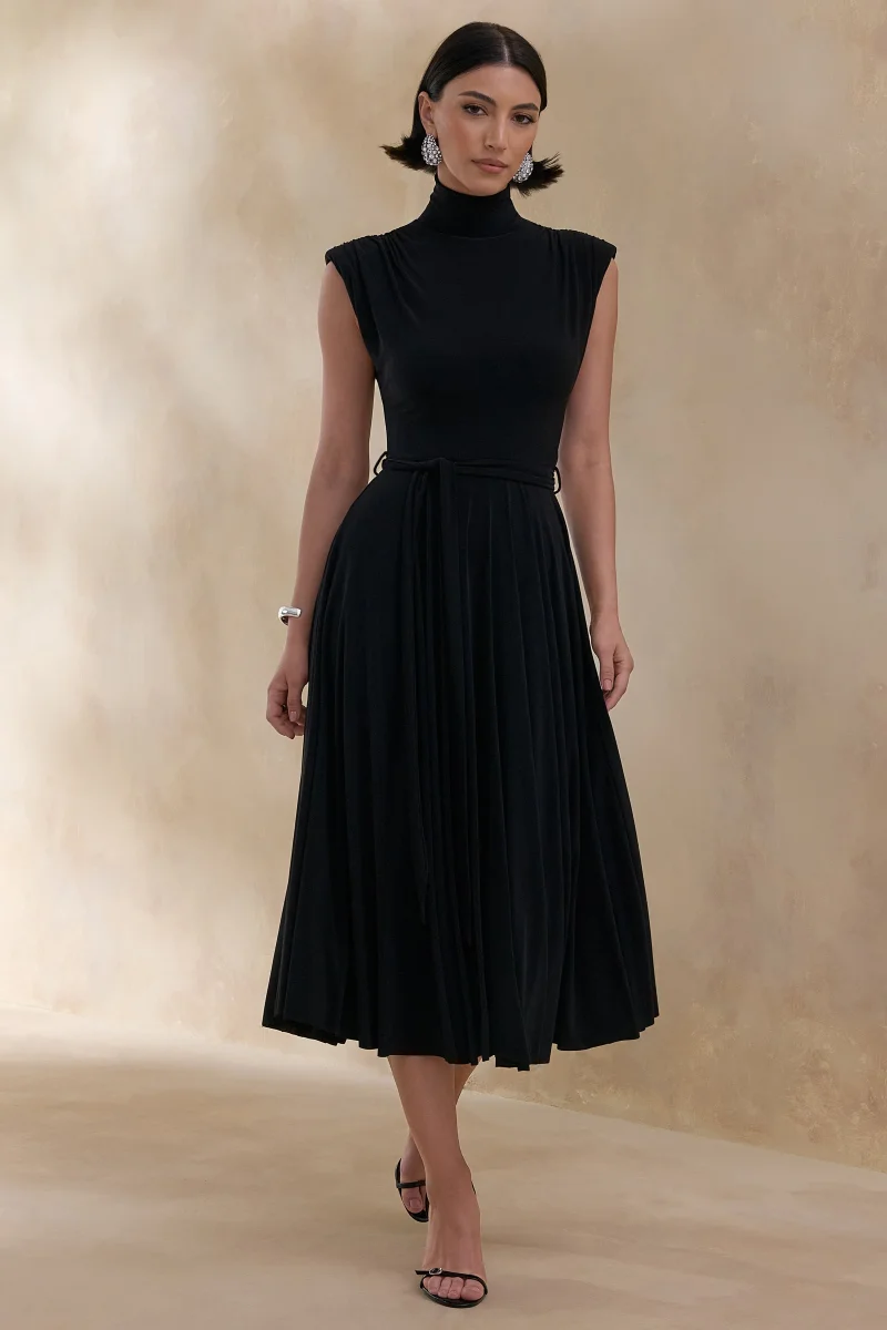 Roselena | Vestido Midi Negro de Cuello Alto - Imagen 2