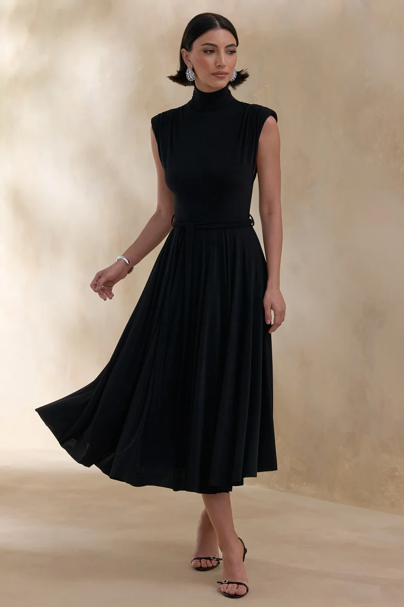 Roselena | Vestido Midi Negro de Cuello Alto - Imagen 7