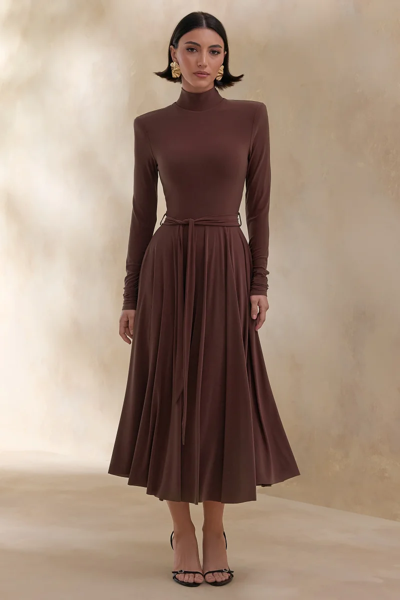 Opalia | Vestido midi marrón de cuello alto