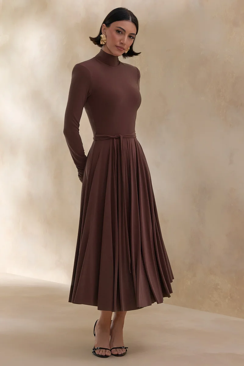 Opalia | Vestido midi marrón de cuello alto - Imagen 5