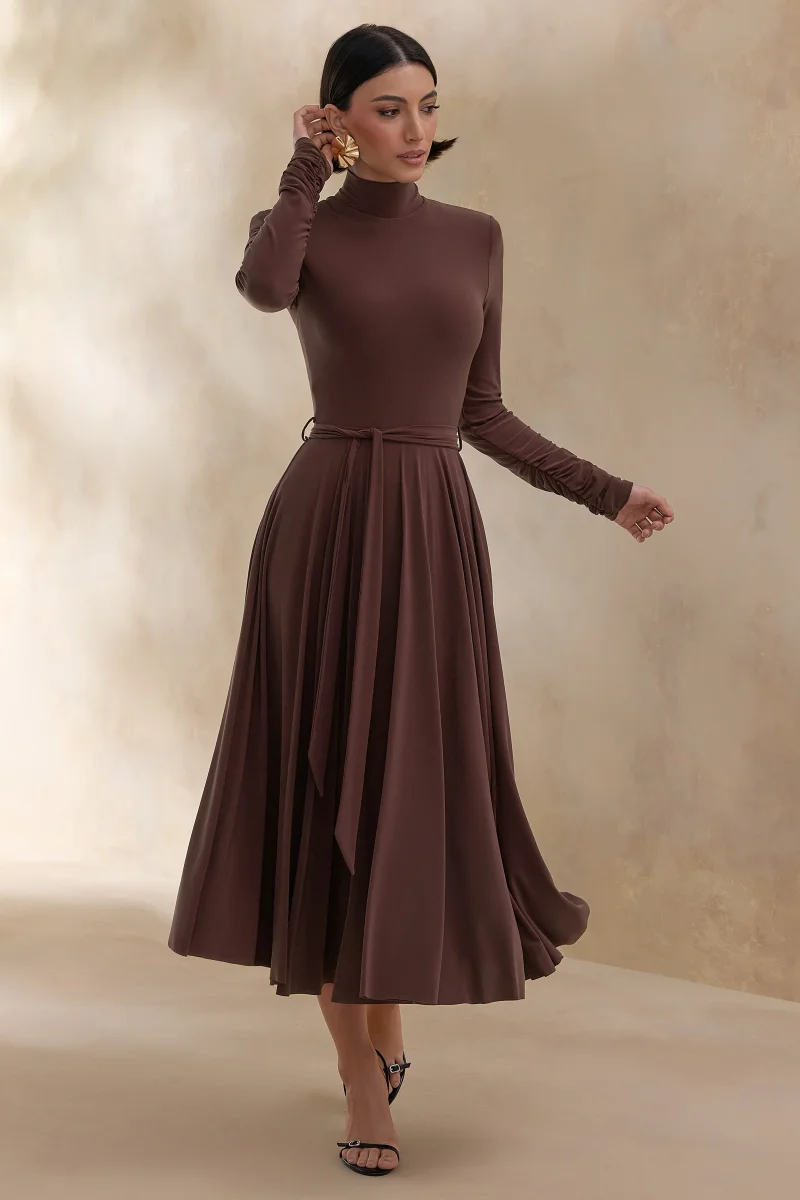 Opalia | Vestido midi marrón de cuello alto - Imagen 6