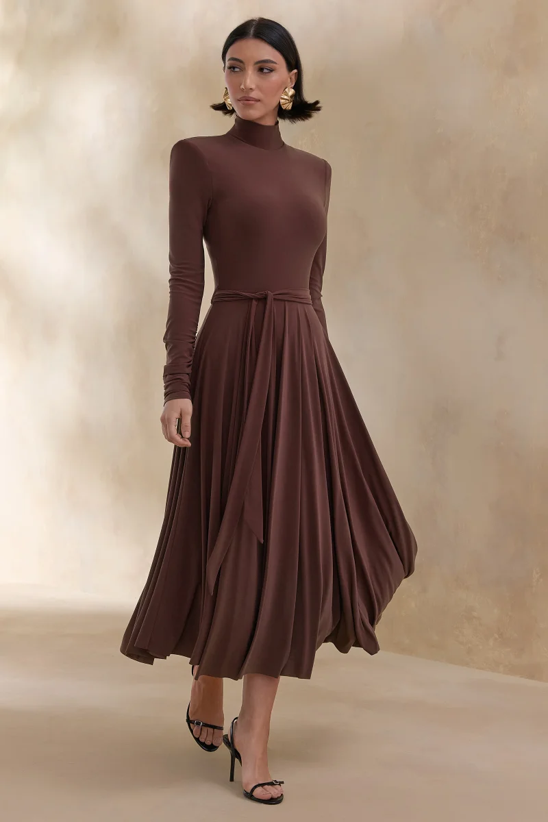 Opalia | Vestido midi marrón de cuello alto - Imagen 7