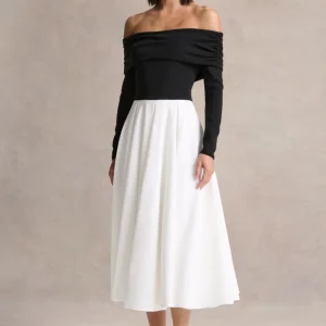 Frederica | Vestido Midi Negro y Blanco con Escote Bardot