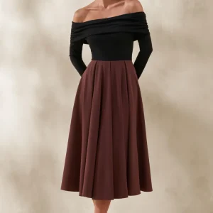 Frederica | Vestido Midi Negro y Marrón con Escote Bardot