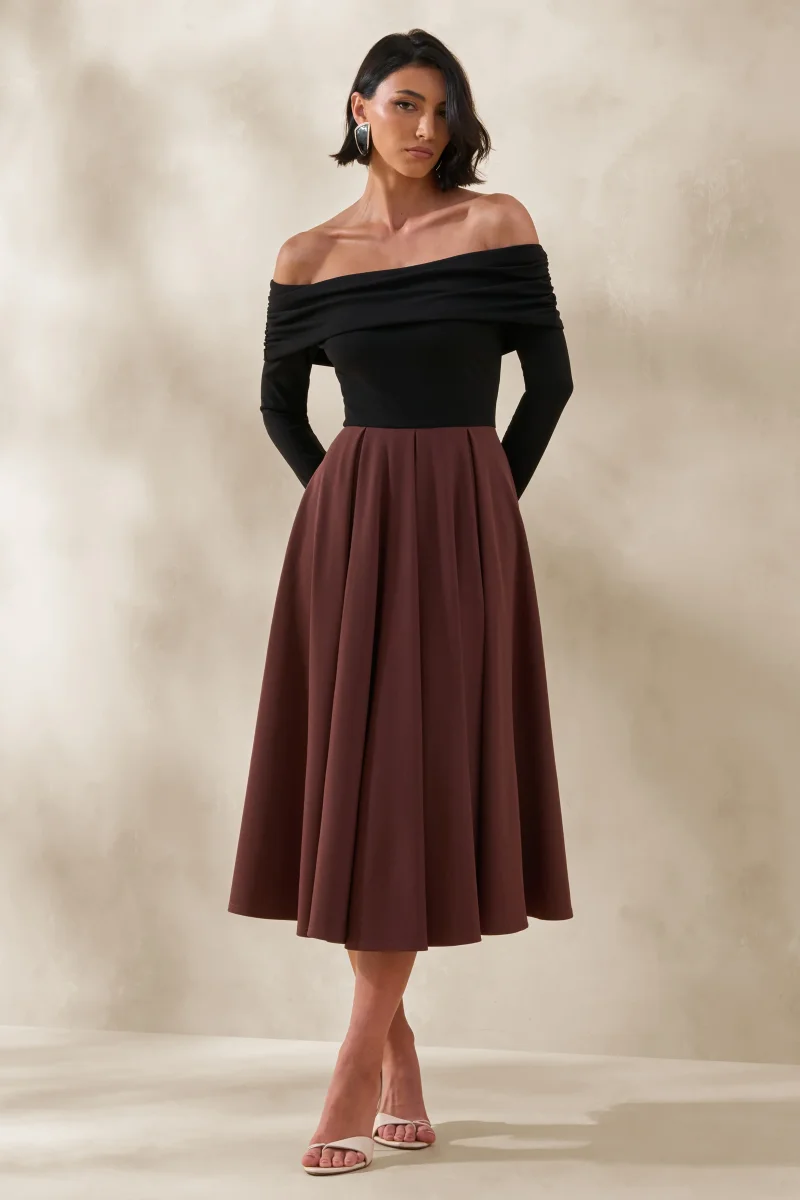 Frederica | Vestido Midi Negro y Marrón con Escote Bardot
