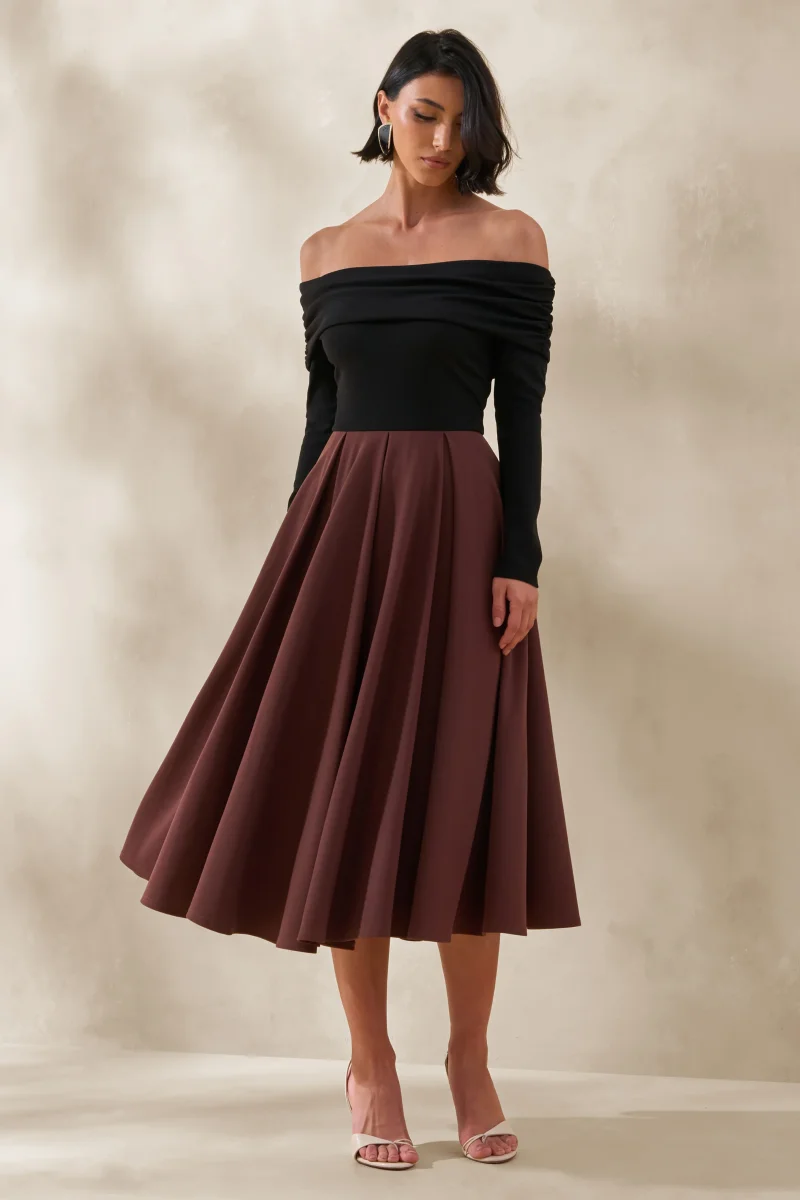 Frederica | Vestido Midi Negro y Marrón con Escote Bardot - Imagen 5