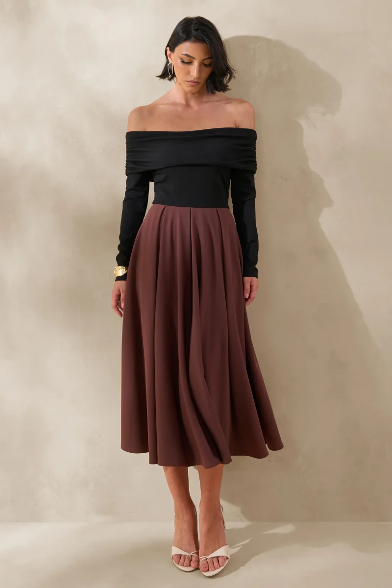 Frederica | Vestido Midi Negro y Marrón con Escote Bardot - Imagen 6