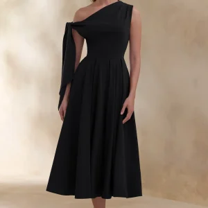 Daring | Vestido midi negro con escote asimétrico y detalle de nudo