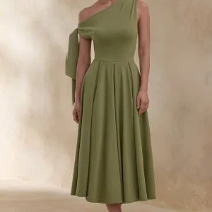 Daring | Vestido midi Verde Oliva con escote asimétrico y detalle de nudo