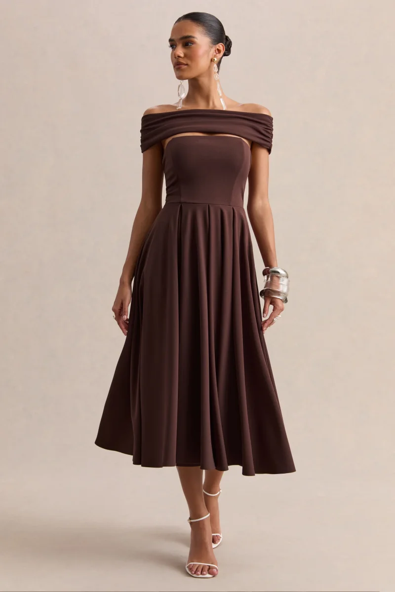 Mavina | Vestido midi marrón de cuello ancho - Imagen 6