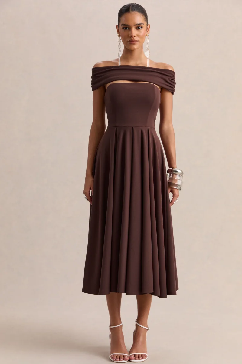 Mavina | Vestido midi marrón de cuello ancho - Imagen 5