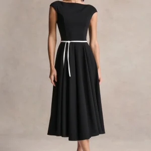 Nataline | Vestido midi negro de cuello redondo con detalle de cinturón blanco