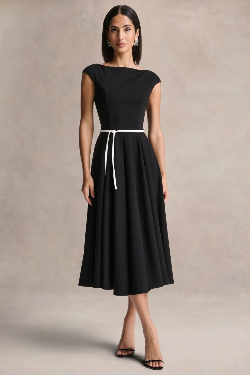 Nataline | Vestido midi negro de cuello redondo con detalle de cinturón blanco - Imagen 2