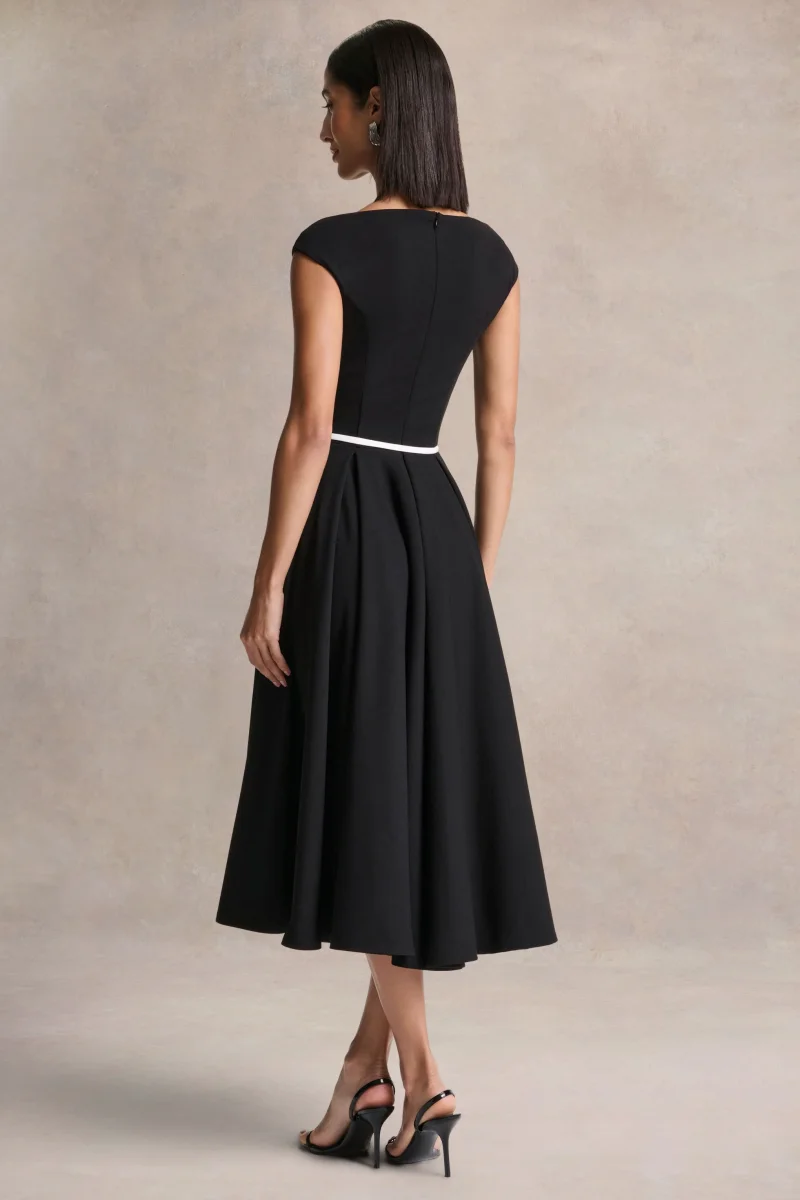 Nataline | Vestido midi negro de cuello redondo con detalle de cinturón blanco - Imagen 3