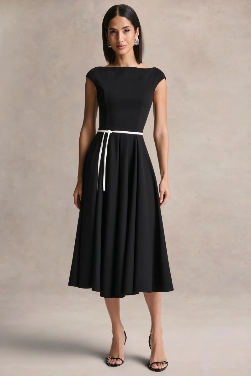 Nataline | Vestido midi negro de cuello redondo con detalle de cinturón blanco - Imagen 5