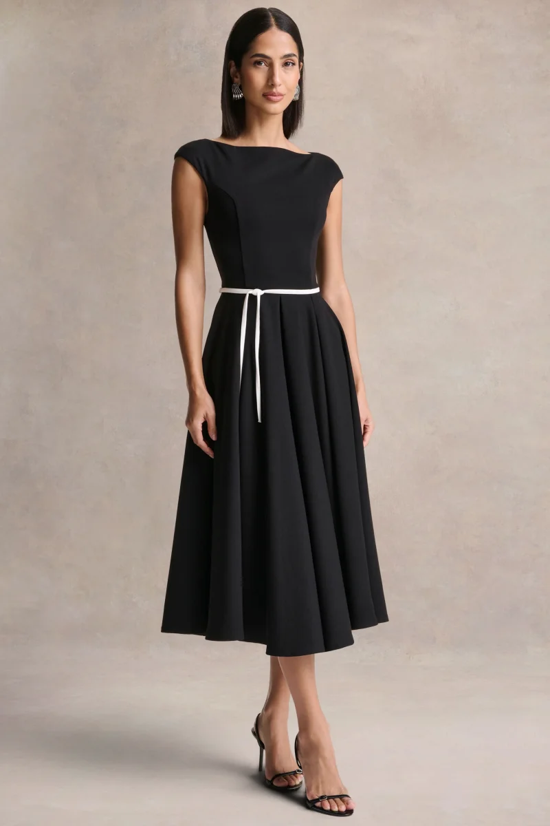 Nataline | Vestido midi negro de cuello redondo con detalle de cinturón blanco - Imagen 6