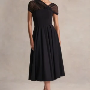 Rosette | Vestido Midi Negro de Cuello Asimétrico