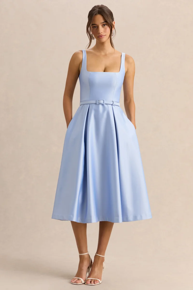Crystaline | Vestido Midi Azul celeste de Satén con Escote Cuadrado