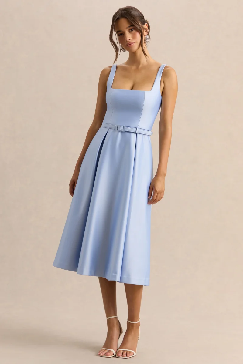 Crystaline | Vestido Midi Azul celeste de Satén con Escote Cuadrado - Imagen 6