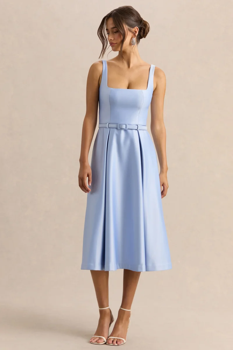 Crystaline | Vestido Midi Azul celeste de Satén con Escote Cuadrado - Imagen 5
