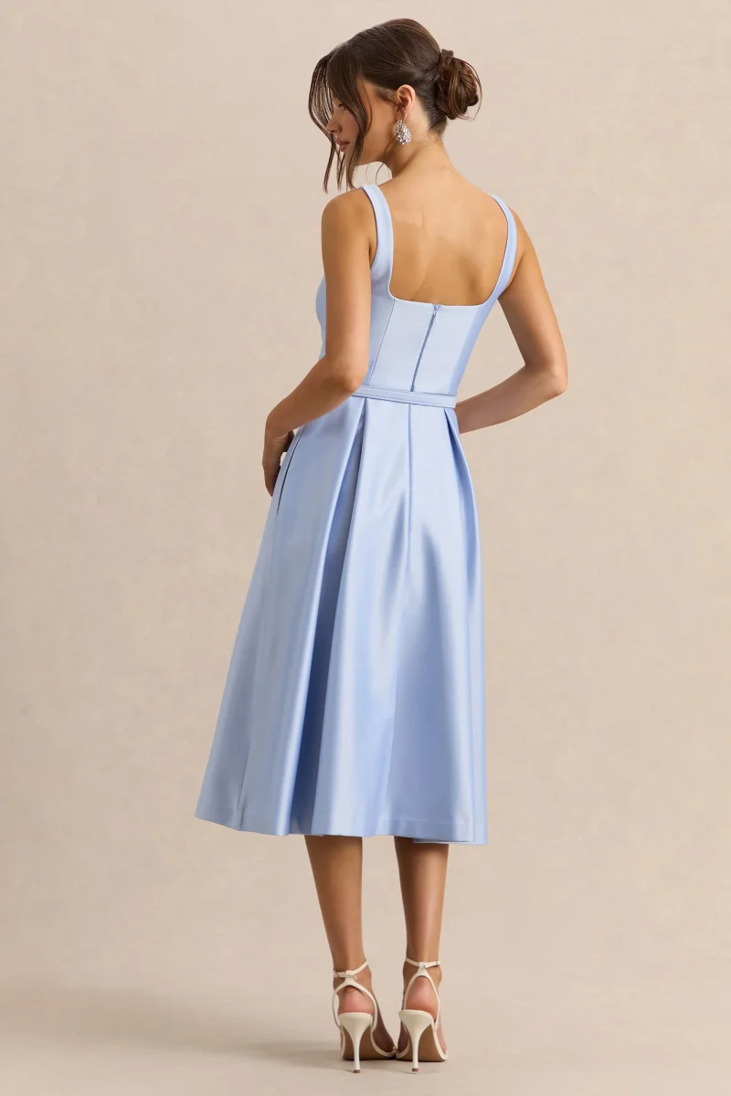 Crystaline | Vestido Midi Azul celeste de Satén con Escote Cuadrado - Imagen 3