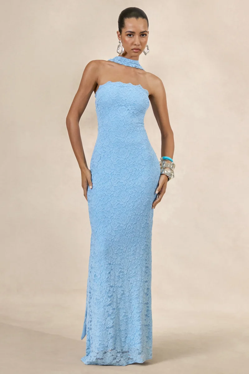 Massima | Vestido Largo Azul Claro De Encaje Bandeau Con Detalle De Pañuelo - Imagen 2