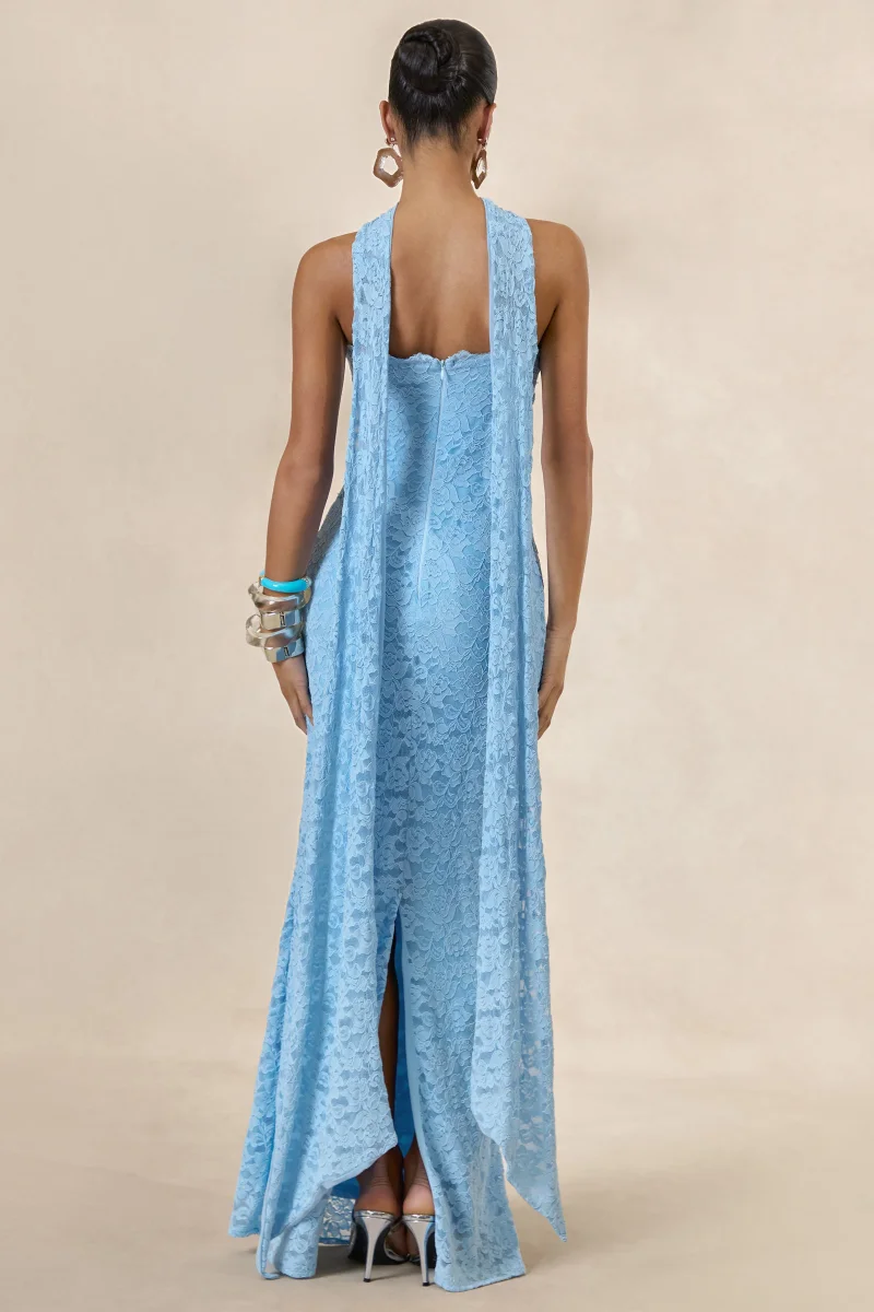 Massima | Vestido Largo Azul Claro De Encaje Bandeau Con Detalle De Pañuelo - Imagen 3