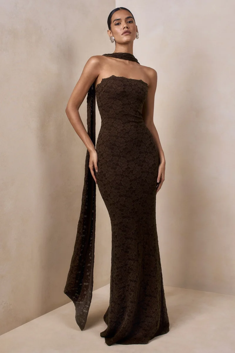 Massima | Vestido Largo Bandeau de Encaje Marrón con Detalle de Pañuelo