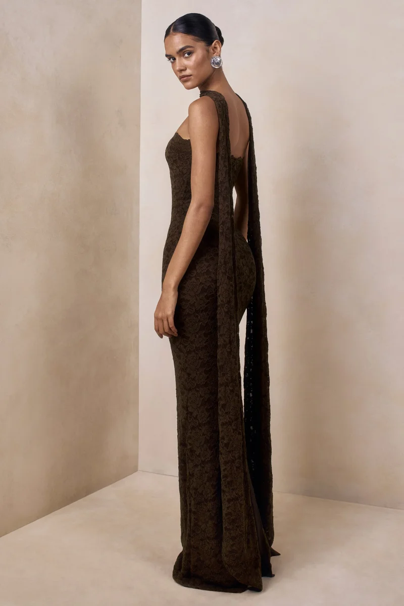 Massima | Vestido Largo Bandeau de Encaje Marrón con Detalle de Pañuelo - Imagen 3