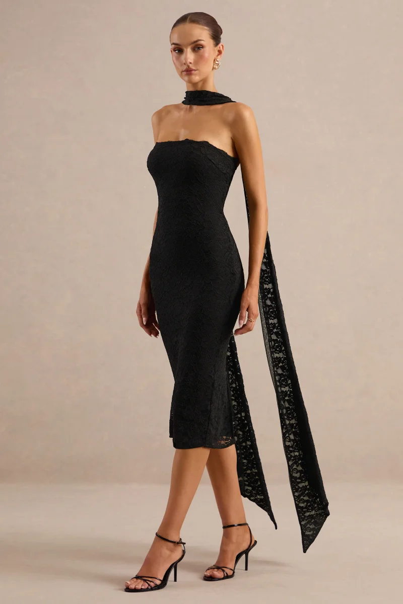 Rosaria | Vestido Midi Negro De Encaje Bandeau Con Detalle De Pañuelo - Imagen 6