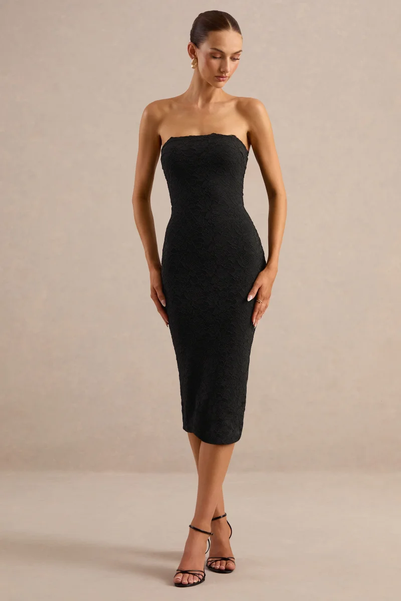 Rosaria | Vestido Midi Negro De Encaje Bandeau Con Detalle De Pañuelo - Imagen 4