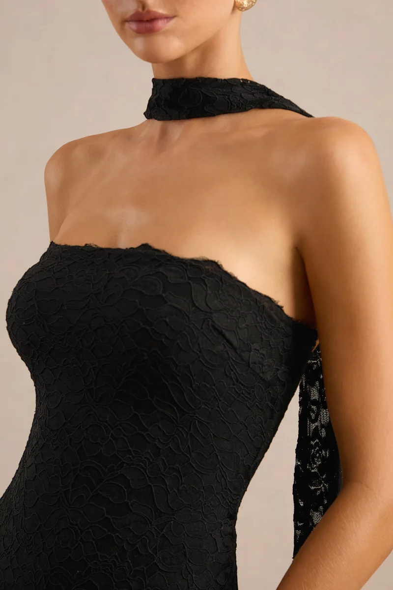 Rosaria | Vestido Midi Negro De Encaje Bandeau Con Detalle De Pañuelo - Imagen 5