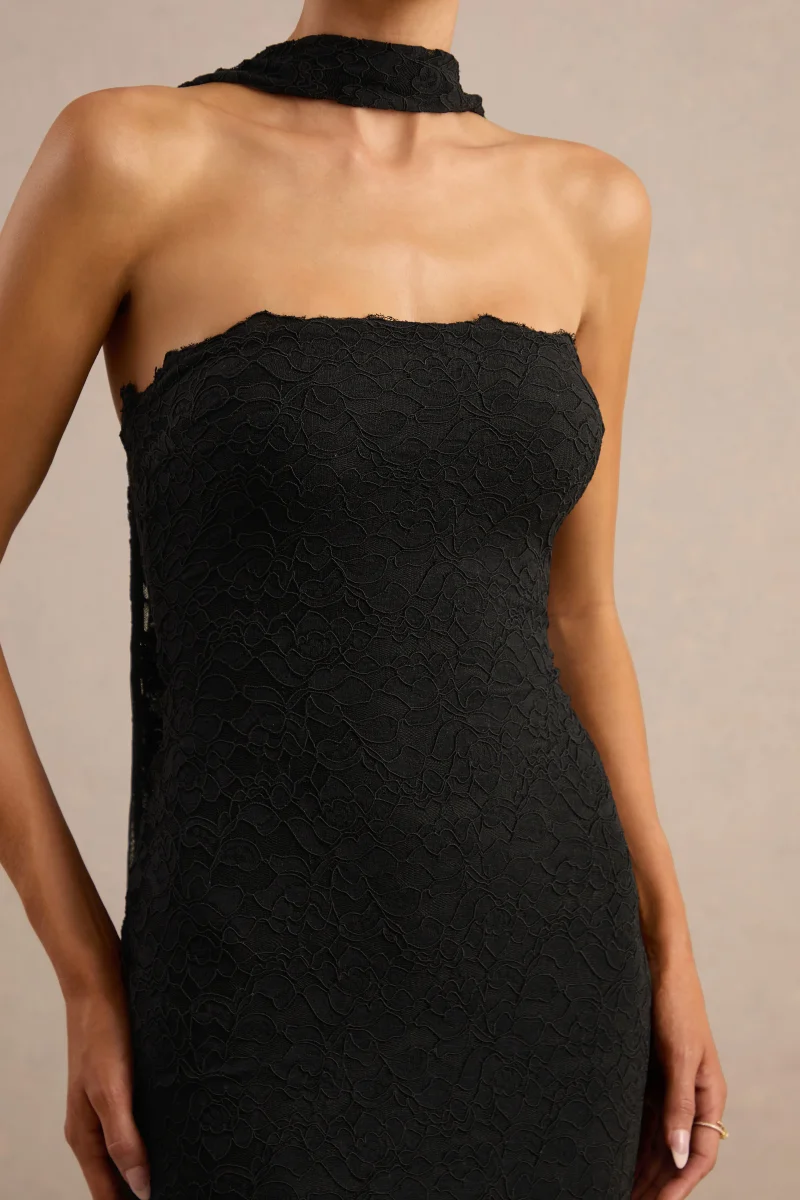 Rosaria | Vestido Midi Negro De Encaje Bandeau Con Detalle De Pañuelo - Imagen 7