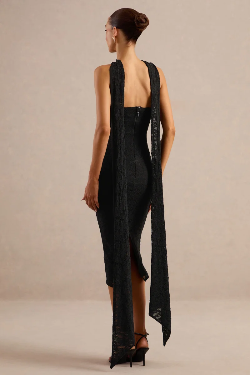 Rosaria | Vestido Midi Negro De Encaje Bandeau Con Detalle De Pañuelo - Imagen 3