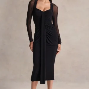 Rosetta | Vestido Midi Negro de Escote Corazón con Mangas Transparentes