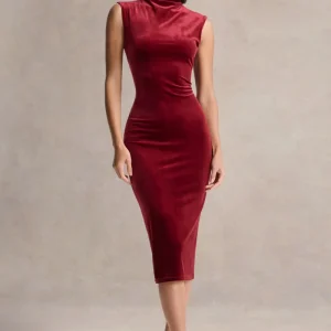 Nivina | Vestido Midi Rojo de Terciopelo con Cuello Alto Sin Manga