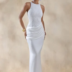 Neria | Vestido largo de satén blanco de cuello alto con falda cruzada drapeada