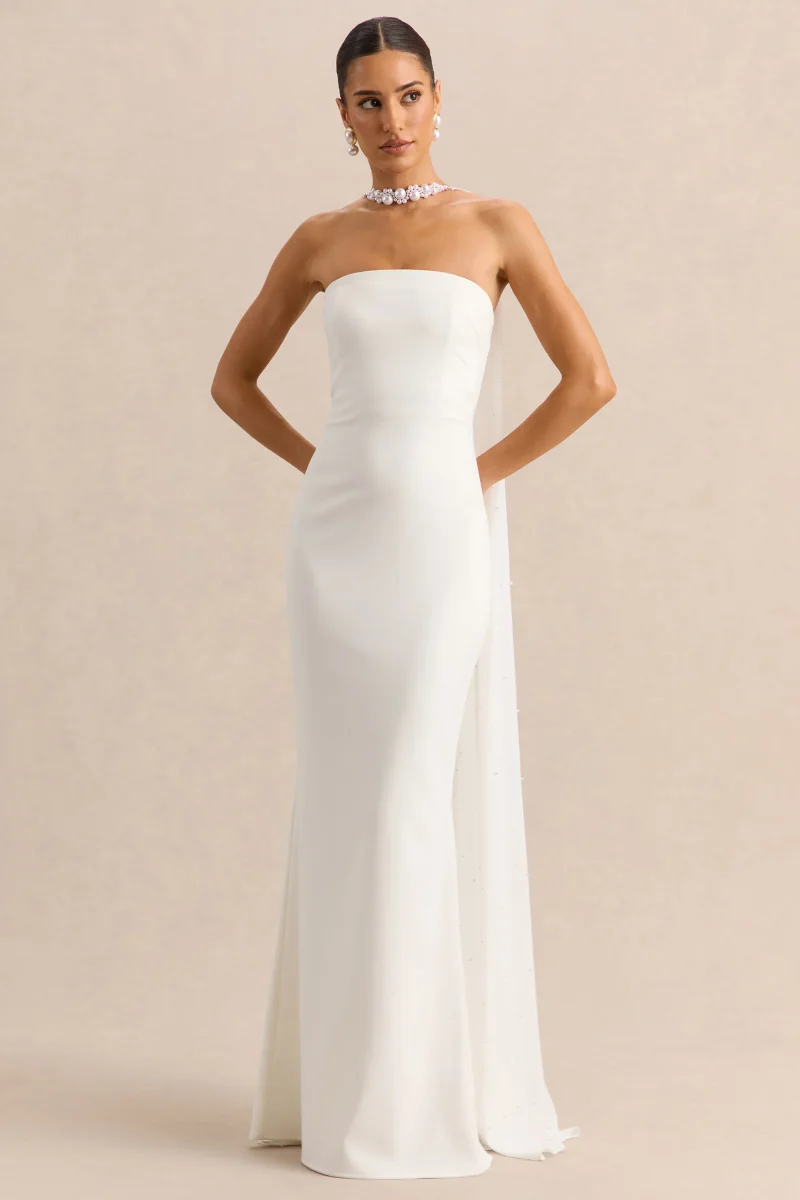 Alina | Vestido Largo Blanco Bandeau con Capa - Imagen 6