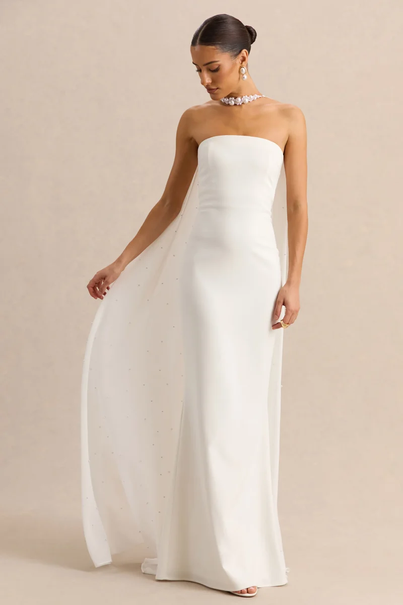 Alina | Vestido Largo Blanco Bandeau con Capa - Imagen 5