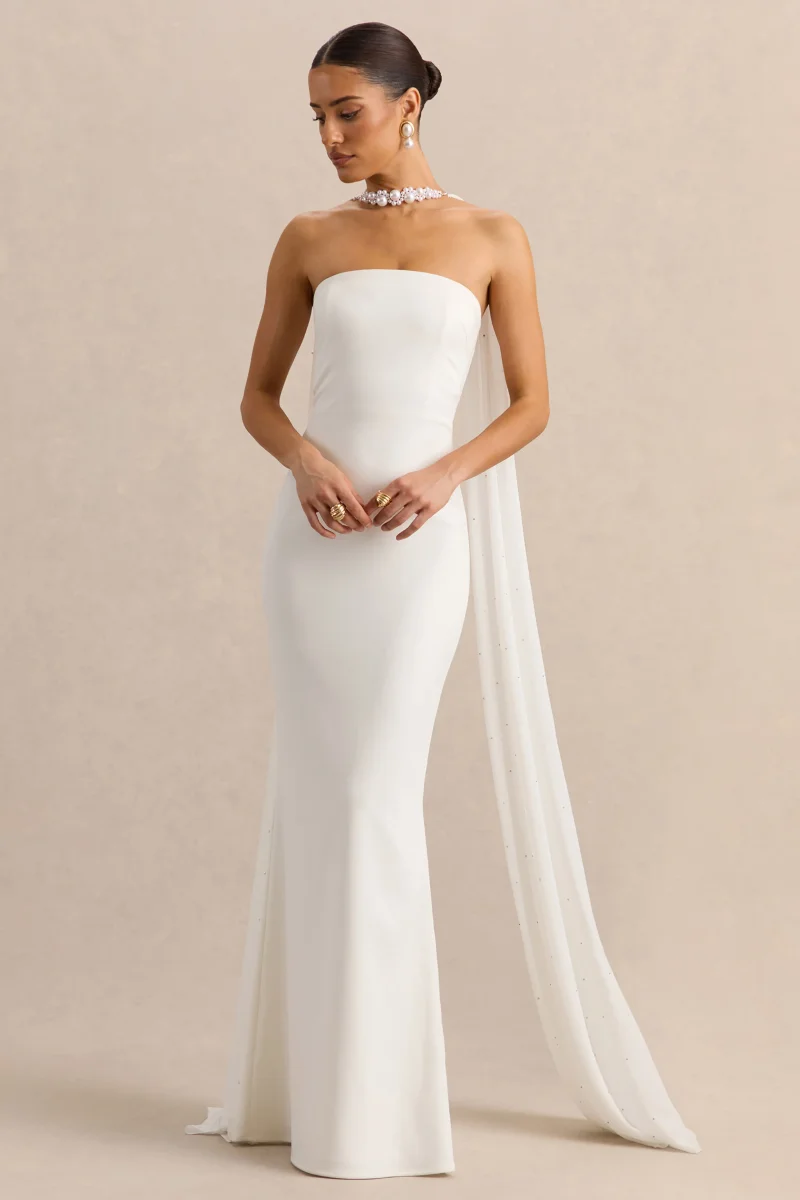 Alina | Vestido Largo Blanco Bandeau con Capa - Imagen 2