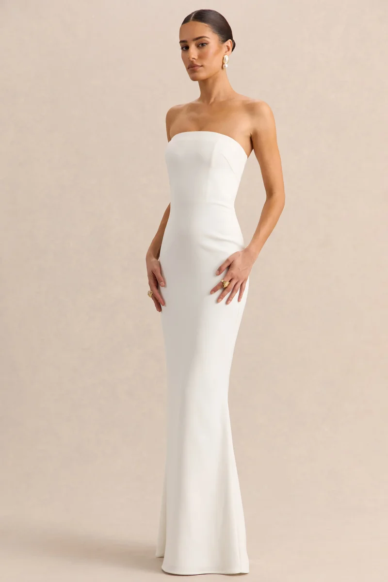 Alina | Vestido Largo Blanco Bandeau con Capa - Imagen 7