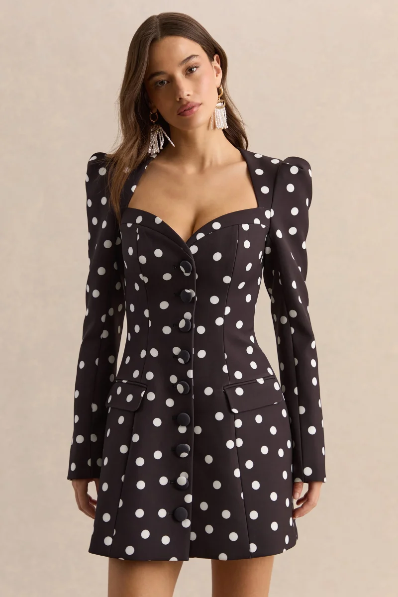 Carmen | Vestido Corto De Crepé Negro Y Blanco Con Lunares Y Escote Corazón - Imagen 4