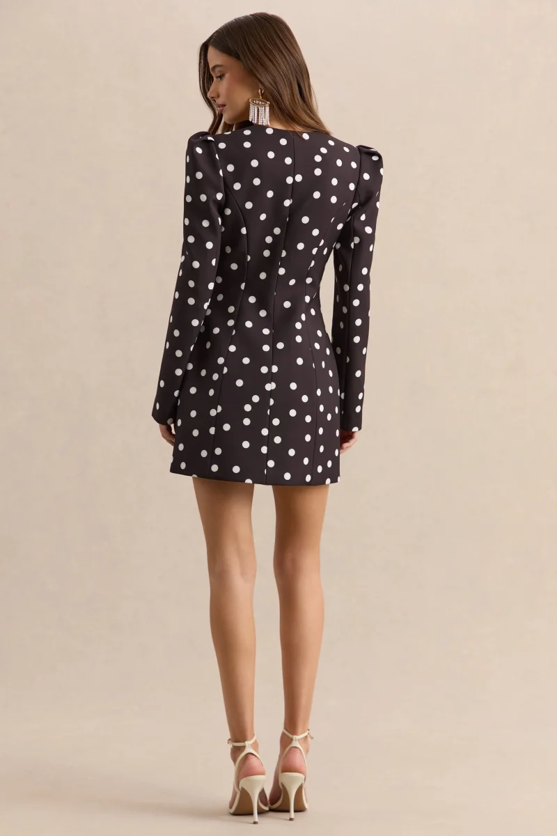 Carmen | Vestido Corto De Crepé Negro Y Blanco Con Lunares Y Escote Corazón - Imagen 3