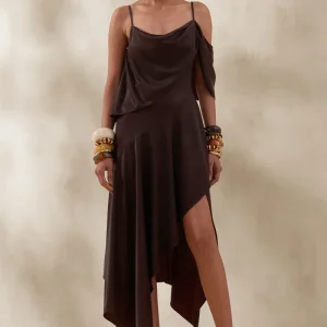 Helira | Vestido Midi Marrón De Satén Con Bajo Asimétrico Y Espalda Abierta