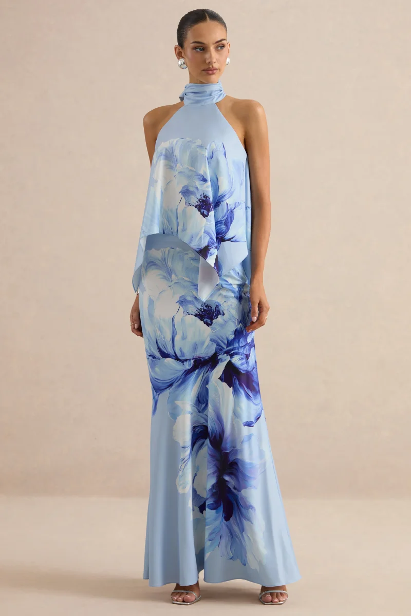 Vayla | Falda Larga Azul Con Estampado Floral, Satén Mate Asimétrica Con Talle Bajo - Imagen 5