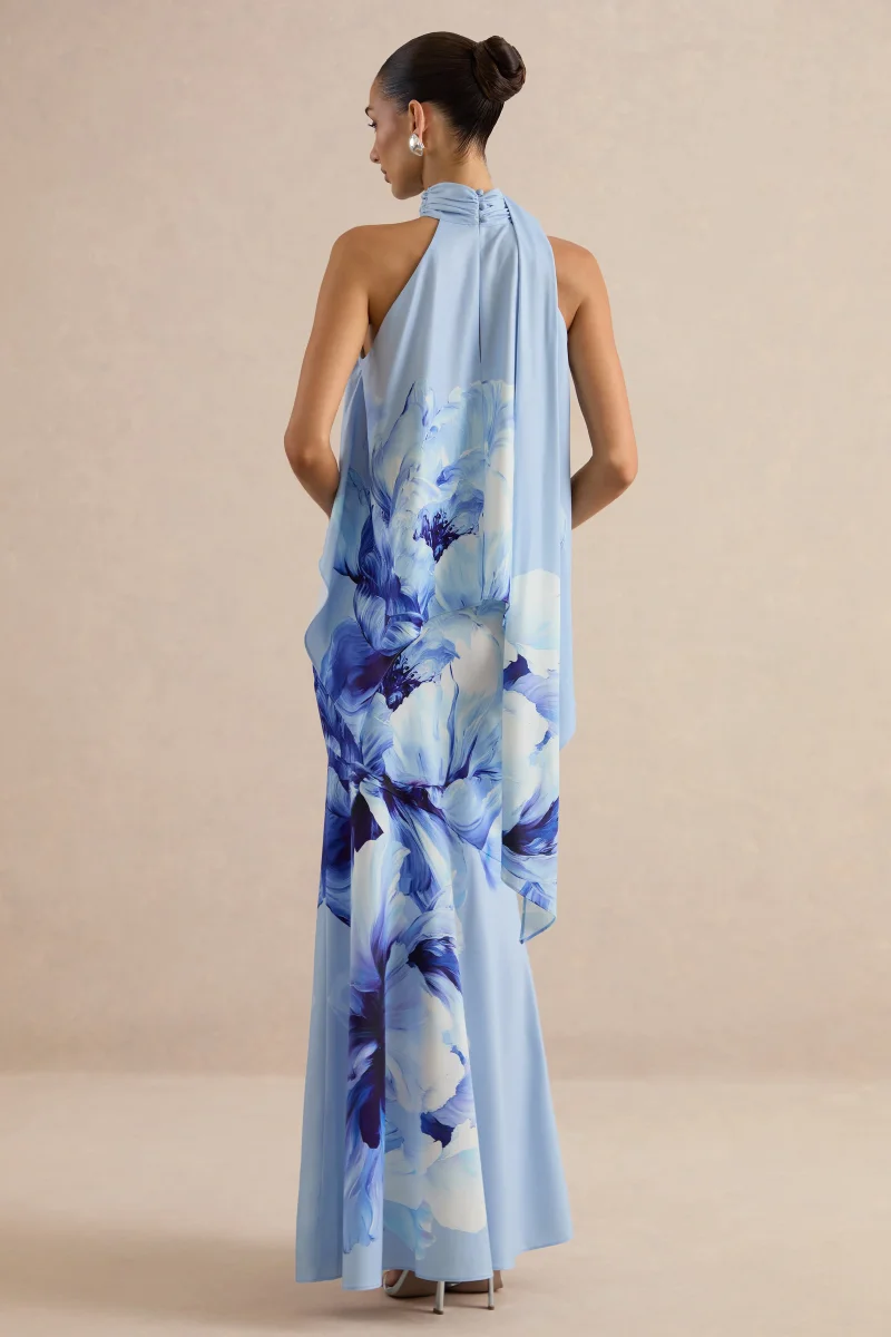 Vayla | Falda Larga Azul Con Estampado Floral, Satén Mate Asimétrica Con Talle Bajo - Imagen 4